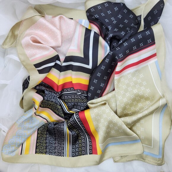 ✨Luxurious Silky Square Scarf Bandana Black Cream Multi-Color Abstract Geometric - Picture 5 of 7